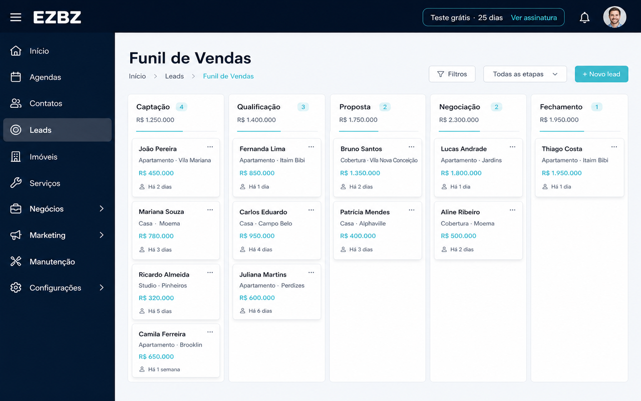 EZBZ CRM: funil de oportunidades em colunas Captação até Fechamento
