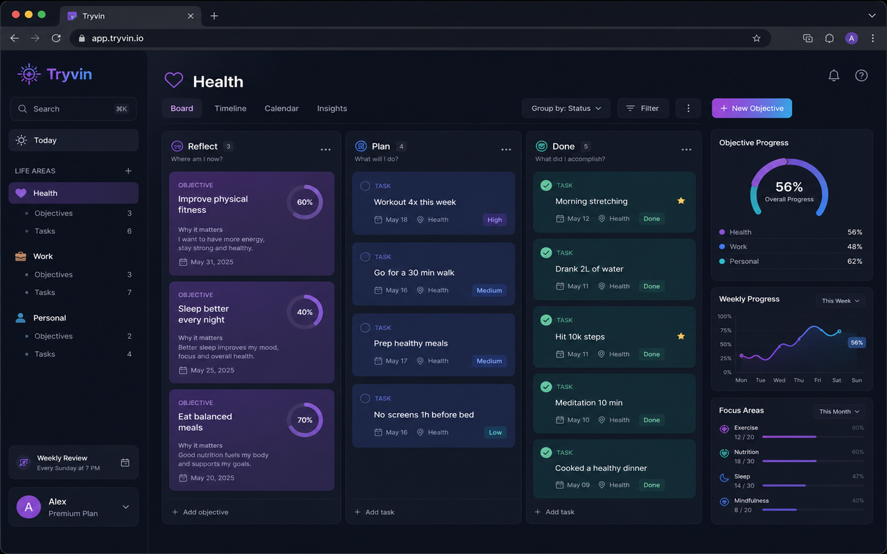Tryvin: quadro kanban com objetivos, tarefas e widgets de progresso